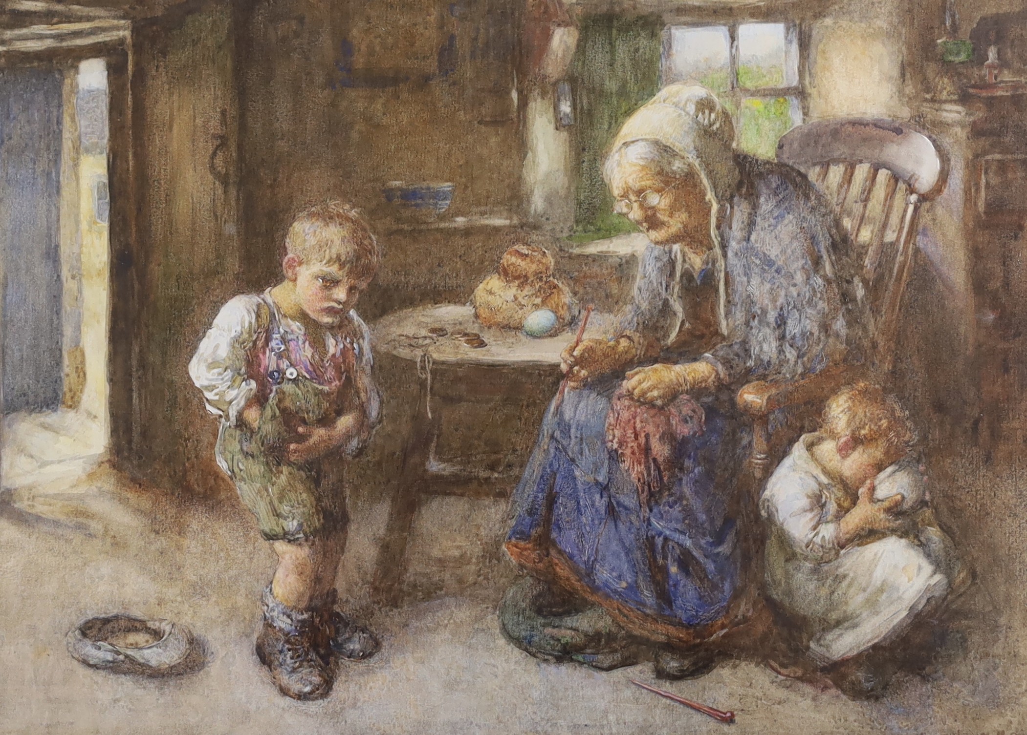 John Henry Henshall (1856-1928), watercolour, Cottage interior with grandmother and children, signed, 27 x 37cm